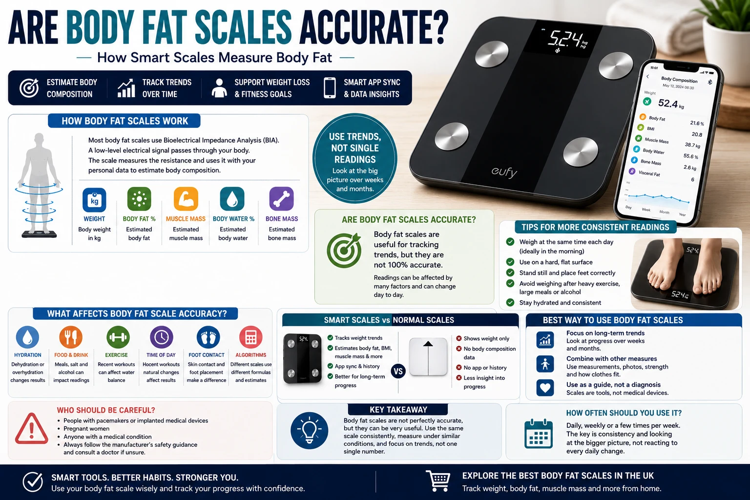 Body fat scale accuracy guide showing smart scale readings, body composition tracking and tips for consistent results