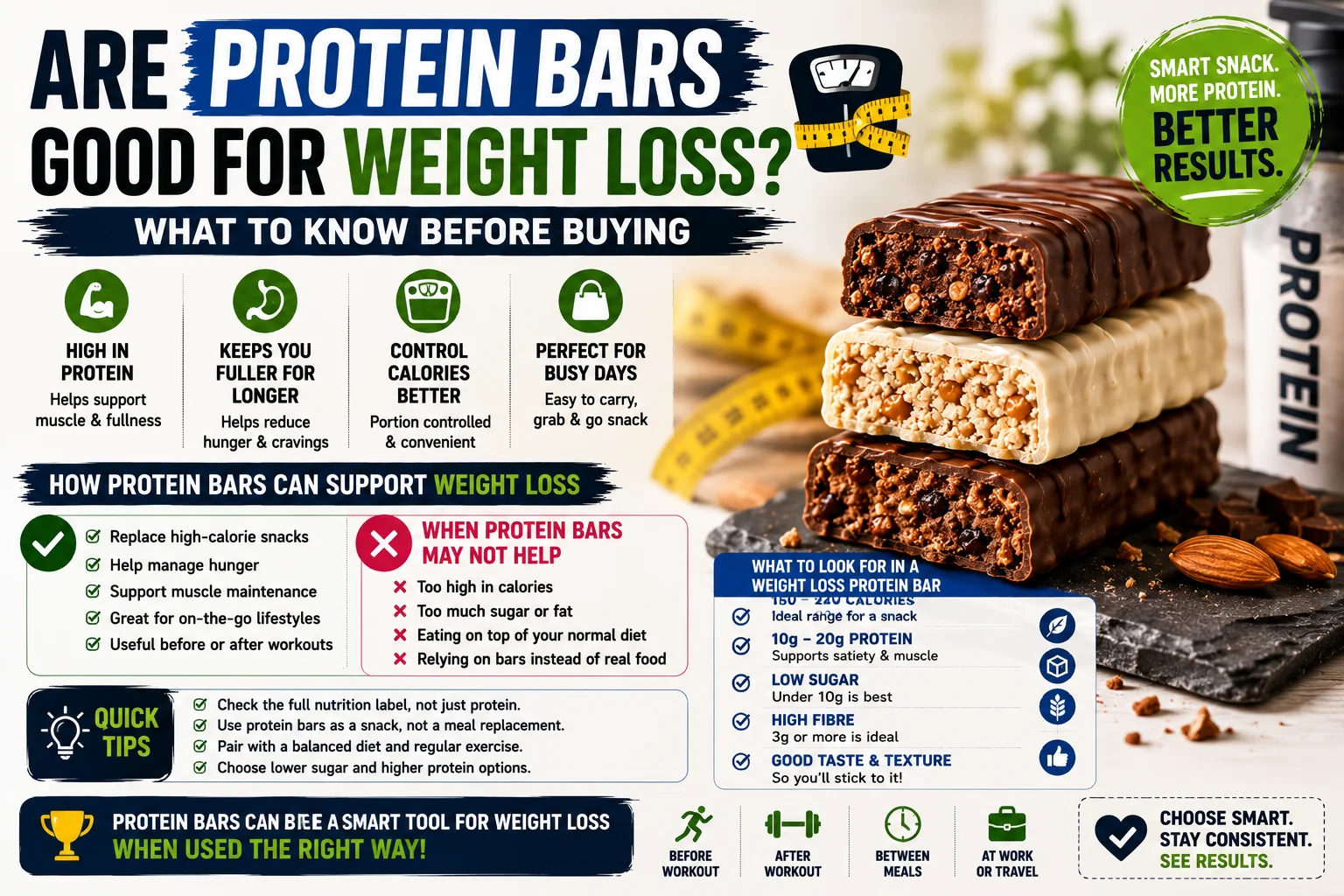 Protein bars for weight loss showing high-protein snacks, calorie control and healthy fitness snacking tips