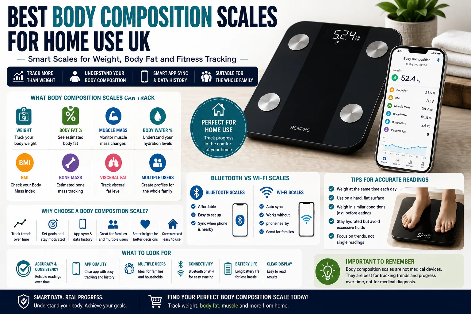 Body composition scales for home use with body fat, muscle mass, BMI and fitness tracking features