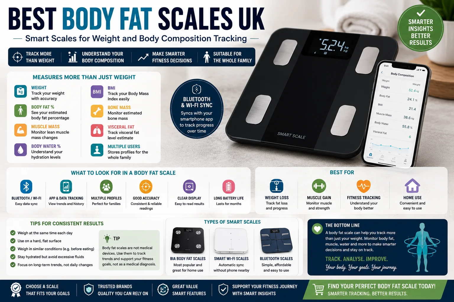 Smart body fat scales for weight, body fat, BMI and body composition tracking at home