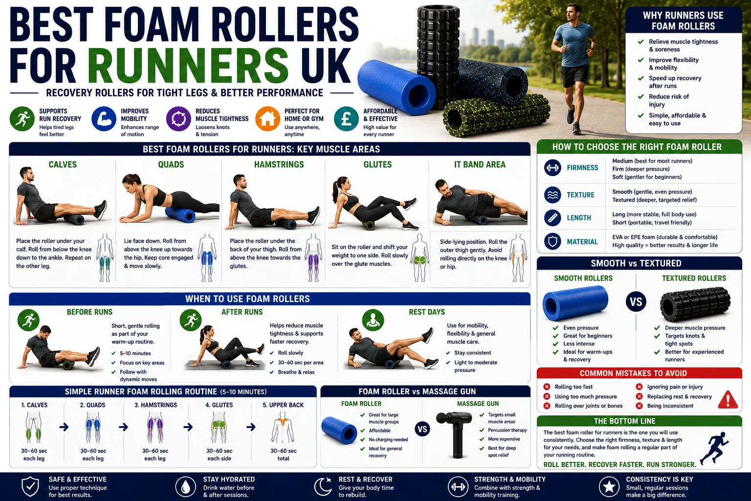 Foam rollers for runners showing calf, quad, hamstring, glute and leg recovery exercises for post-run mobility