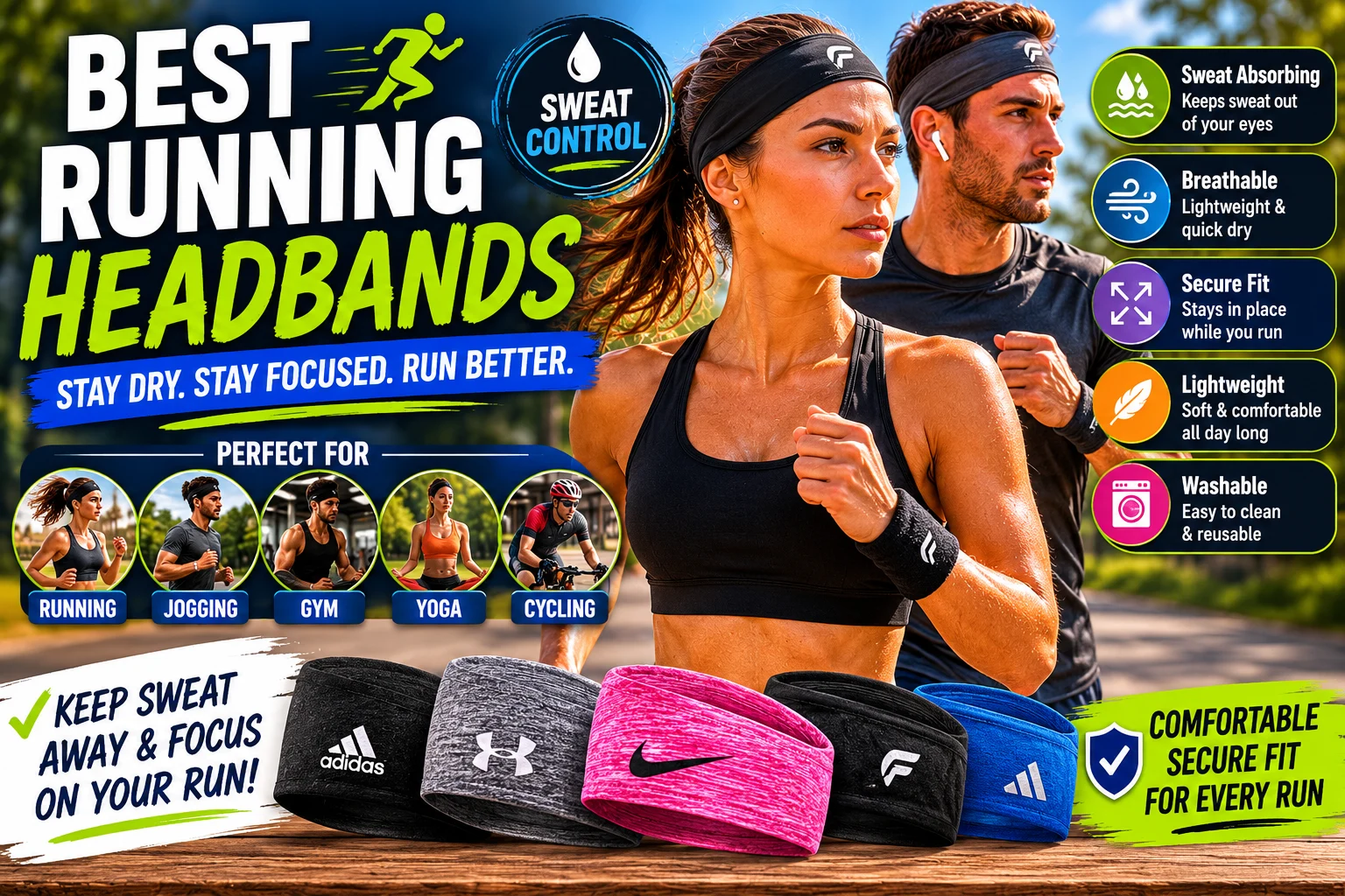 Running headbands for jogging, gym cardio and outdoor training workouts