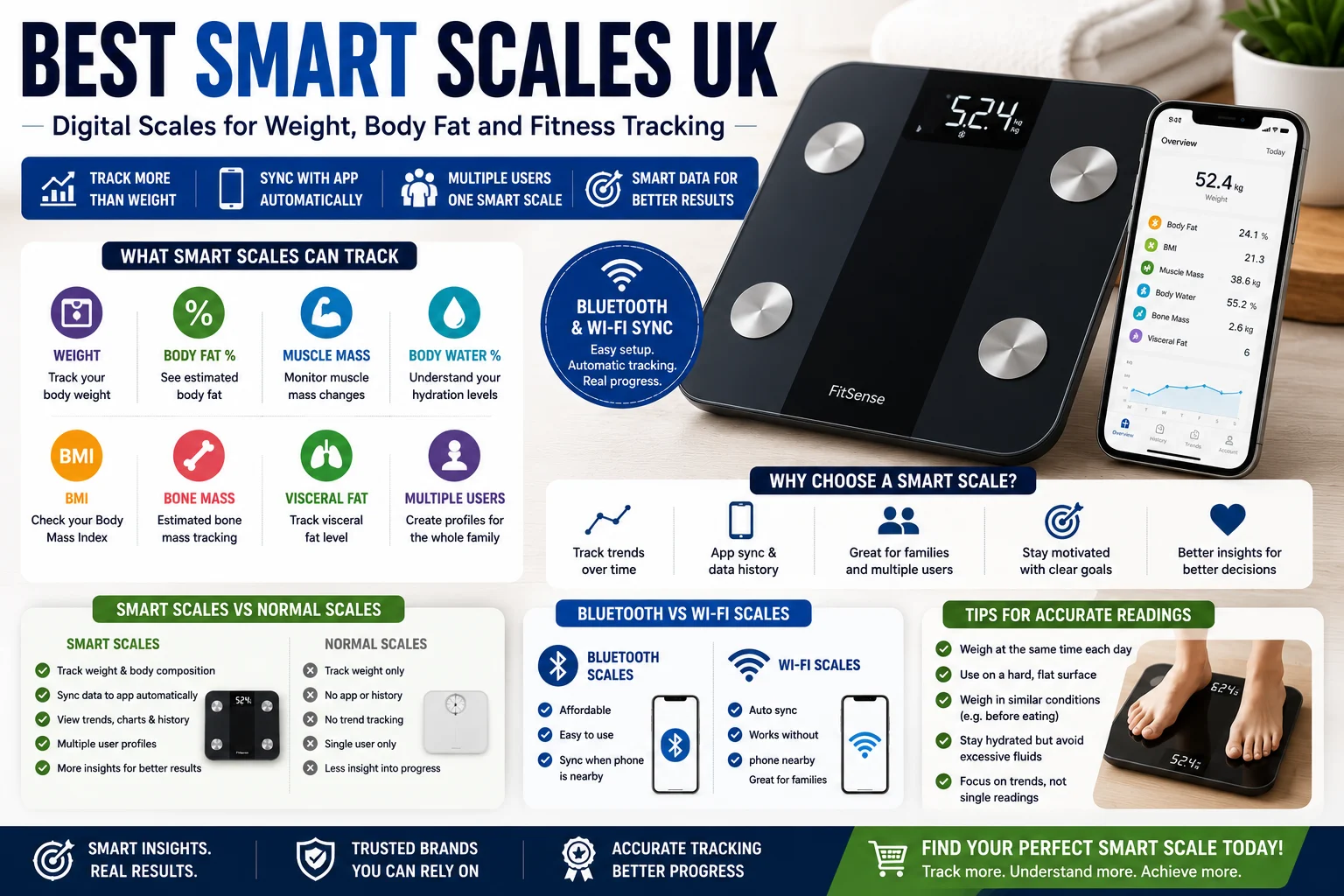 Smart scales for weight, body fat, BMI, muscle mass and body composition tracking with app sync