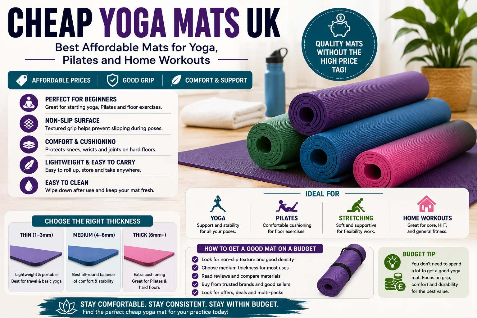 Affordable yoga mats with non-slip grip and cushioning for yoga, Pilates and home workouts