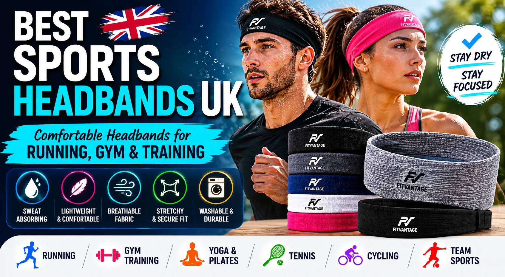 Sports headbands for running, gym training, yoga, tennis and cycling workouts