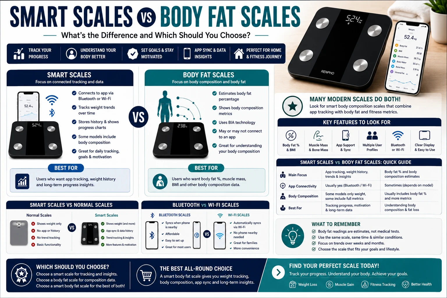 Comparison of smart scales and body fat scales for app tracking, body composition, weight loss and fitness progress